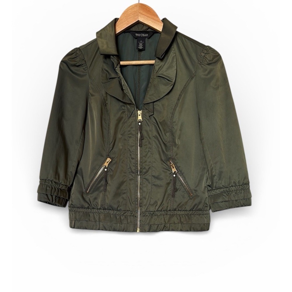 White‎ House Black Market Jacket Womens 0 Olive Green Ruffle Zip Puff Sleeve